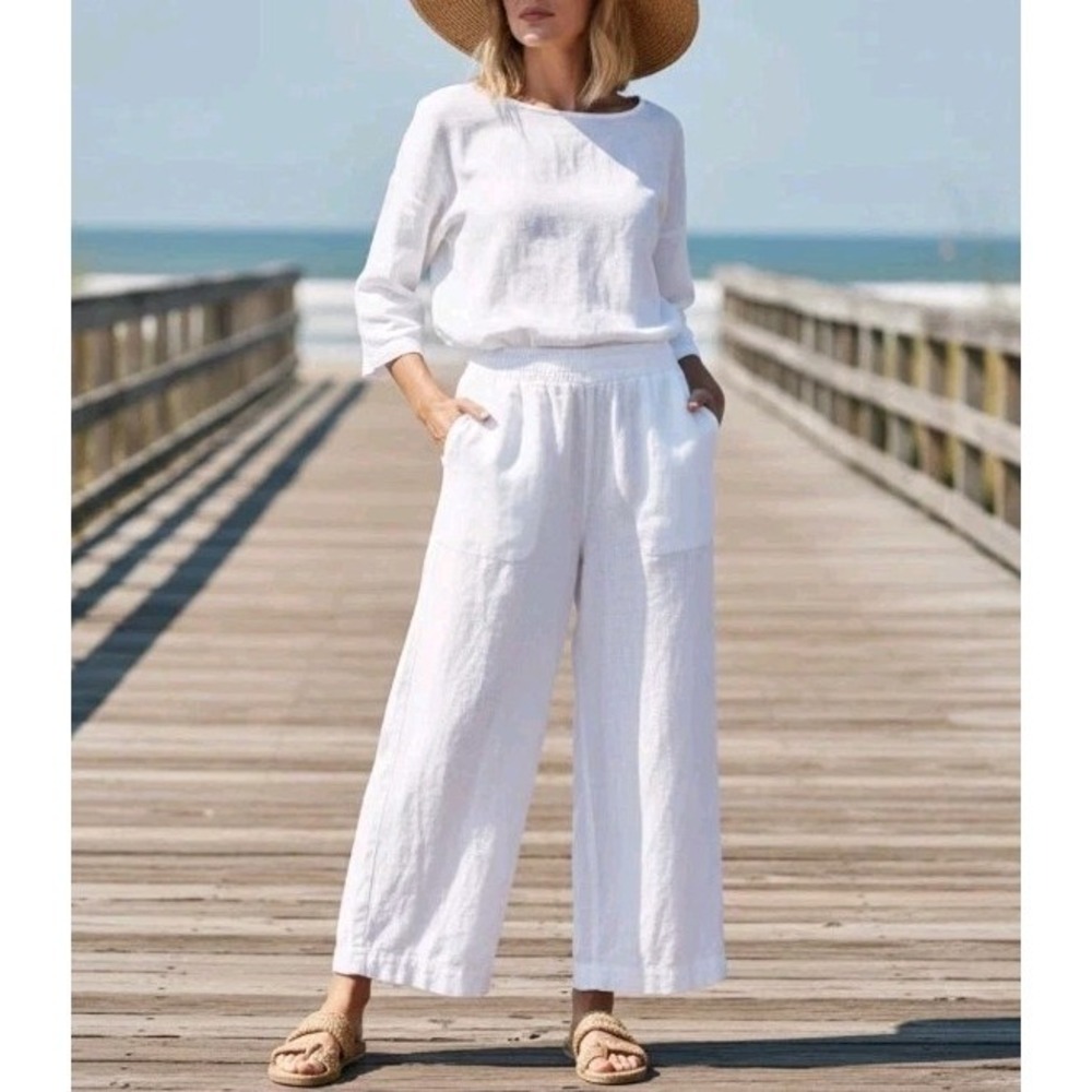 Old Navy Ankle Pants Women XXL White Wide Leg Linen High Rise Drawstring Pockets